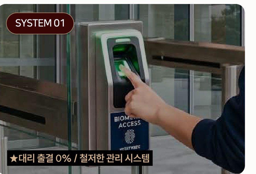 SYSTEM 01 스마트 무인 관리 시스템 — ★대리 출결 0% / 철저한 관리 시스템